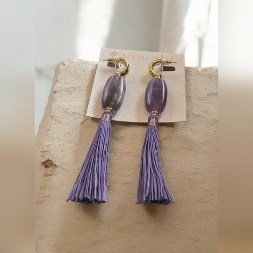Kendra Scott Insley Gold Statement Earrings In Purple Mix, NWT - Picture 2 of 3